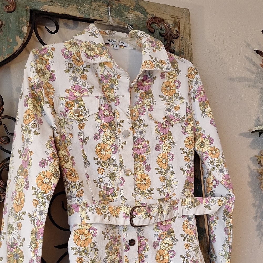 Amazing Lace Wht/Pink/Orange Jean belted Floral Long Sleeve Dress. NWOT Size S - Picture 7 of 10